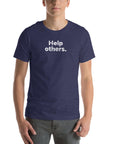 Front view of man wearing heather midnight navy Milk Sandwich T-shirt with faded white text that reads Help others clean, minimalist message tee for everyday wear.