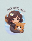 Cartoon girl hugging a cute dog with text Hey Girl, Hey on a prism ice blue Milk Sandwich t-shirt.