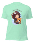 Mint Milk Sandwich t-shirt with cartoon girl and dog under Hey Girl, Hey text.