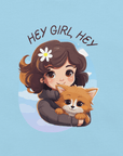 Cartoon girl hugging a cute dog with text Hey Girl, Hey on a ocean blue Milk Sandwich t-shirt.