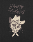 Close-up of black Milk Sandwich T-shirt with Howdy CatBoy text and detailed illustration of a cowboy cat wearing a hat and bandana.