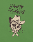 Close-up of green Milk Sandwich T-shirt with Howdy CatBoy text and detailed illustration of a cowboy cat wearing a hat and bandana.