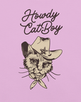 Close-up of pink Milk Sandwich T-shirt with Howdy CatBoy text and detailed illustration of a cowboy cat wearing a hat and bandana.