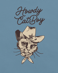 Close-up of blue Milk Sandwich T-shirt with Howdy CatBoy text and detailed illustration of a cowboy cat wearing a hat and bandana.