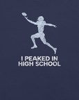 Close-up of navy Milk Sandwich T-shirt with distressed white football player graphic and text I Peaked in High School, ironic athletic nostalgia tee.