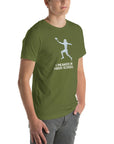 Man wearing an olive green "I Peaked in High School Football" Milk Sandwich T-shirt with a fun football graphic. Perfect for sports lovers!