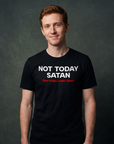 Man wearing black Milk Sandwich unisex T-shirt with bold white and red text reading Not Today Satan (But Friday Looks Open), funny slogan tee in studio portrait.