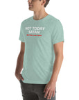 Side view of man wearing heather prism dusty blue Milk Sandwich T-shirt with Not Today Satan (But Friday Looks Open) in bold white and red text, humorous graphic tee.