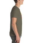 Side profile of a person wearing a army Milk Sandwich t-shirt featuring a vertical "Round Earth Society" graphic design on the front.