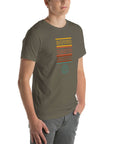 Man wearing a army Milk Sandwich t-shirt with a colorful "Round Earth Society" graphic printed vertically on the front.