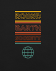 Close-up of a Milk Sandwich black t-shirt featuring a colorful retro-style graphic with the words ROUND EARTH SOCIETY in yellow, orange, and red stripes above a teal globe icon.