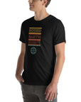 Angled side view of a person wearing a black Milk Sandwich t-shirt with a colorful "Round Earth Society" graphic design.