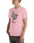 Man in a pink Milk Sandwich t-shirt with a humorous sloth illustration and the text I farted underneath, standing with one hand in his pocket.