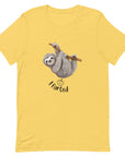 Yellow Milk Sandwich t-shirt featuring a cute cartoon sloth hanging from a branch above the playful phrase I farted with a small illustrated puff cloud.