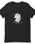 Black Milk Sandwich t-shirt with a colorful unicorn graphic and the phrase Think Big Thoughts in purple text, surrounded by white sparkles.