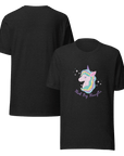 Front and back view of a black Milk Sandwich t-shirt featuring a pastel unicorn graphic with a rainbow mane and the phrase Think Big Thoughts in purple text, surrounded by sparkles.
