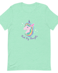 Mint Milk Sandwich t-shirt with a colorful unicorn graphic and the phrase Think Big Thoughts in purple text, surrounded by white sparkles.