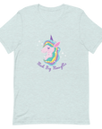 Ice Blue Milk Sandwich t-shirt with a colorful unicorn graphic and the phrase Think Big Thoughts in purple text, surrounded by white sparkles.