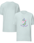 Front and back view of a ice blue Milk Sandwich t-shirt featuring a pastel unicorn graphic with a rainbow mane and the phrase Think Big Thoughts in purple text, surrounded by sparkles.