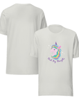 Front and back view of a silver Milk Sandwich t-shirt featuring a pastel unicorn graphic with a rainbow mane and the phrase Think Big Thoughts in purple text, surrounded by sparkles.