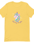 Yellow Milk Sandwich t-shirt with a colorful unicorn graphic and the phrase Think Big Thoughts in purple text, surrounded by white sparkles.