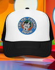 Mr. Friend Foam Truck Hat featuring colorful logo on a white front, perfect for fun and stylish outfits.