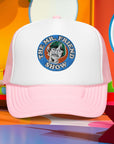 Mr. Friend Foam Truck Hat featuring a playful logo, perfect for showing friend love in style. Pink and white trucker hat design.