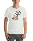 Man wearing ash t-shirt with cartoon kids and speech bubble saying “TOLD YOU THE DARK WEB IS FUN,” standing facing forward with hands relaxed.