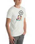 Man wearing ash t-shirt with cartoon kids and speech bubble saying “TOLD YOU THE DARK WEB IS FUN,” standing facing forward with hands relaxed.