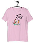 Lilac t-shirt hanging on a hanger with cartoon kids and a speech bubble saying “TOLD YOU THE DARK WEB IS FUN.”