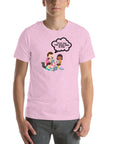 Man wearing lilac t-shirt with cartoon kids and speech bubble saying “TOLD YOU THE DARK WEB IS FUN,” standing facing forward with hands relaxed.