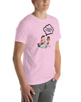 Man wearing lilac t-shirt with cartoon kids and speech bubble saying “TOLD YOU THE DARK WEB IS FUN,” standing facing forward with hands relaxed.