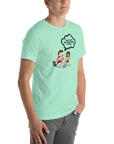 Man wearing mint t-shirt with cartoon kids and speech bubble saying “TOLD YOU THE DARK WEB IS FUN,” standing facing forward with hands relaxed.