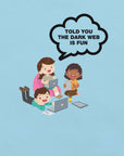 Ocean Blue t-shirt hanging on a hanger with cartoon kids and a speech bubble saying “TOLD YOU THE DARK WEB IS FUN.”