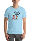 Man wearing ocean blue t-shirt with cartoon kids and speech bubble saying “TOLD YOU THE DARK WEB IS FUN,” standing facing forward with hands relaxed.