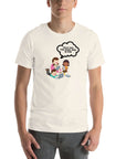 Man wearing white t-shirt with cartoon kids and speech bubble saying “TOLD YOU THE DARK WEB IS FUN,” standing facing forward with hands relaxed.