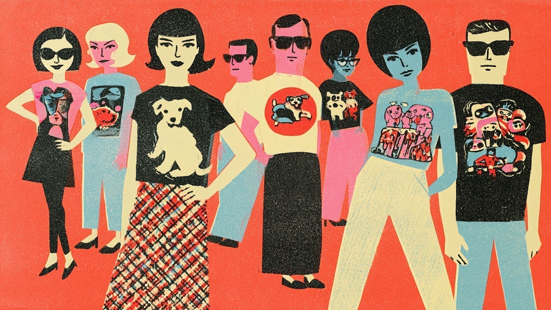 Retro illustration of eight friends wearing assorted funny graphic tees with bold original designs on an orange background.
