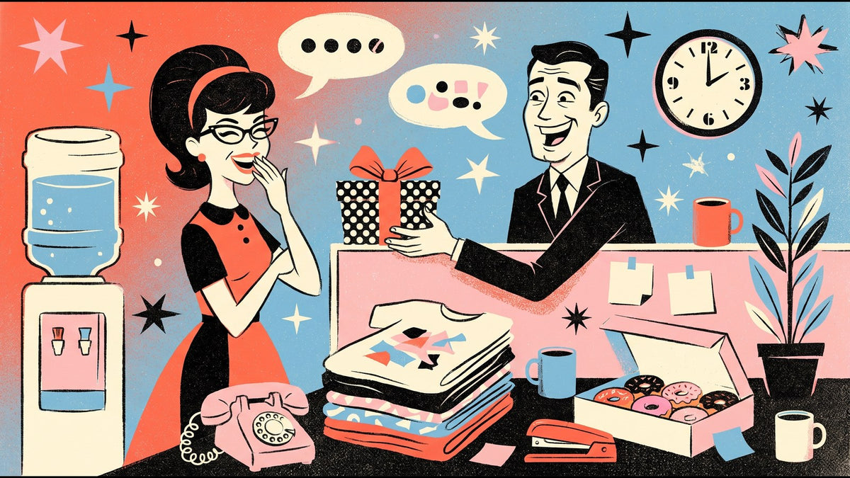 Retro illustration of two office coworkers laughing as one hands the other a polka-dot gift over a cubicle wall, with a water cooler, donuts, a rotary phone, a stapler, and stacks of folded tees.