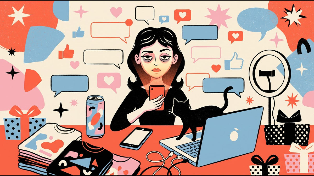 Retro illustration of a tired young woman glued to her phone, surrounded by notification bubbles, likes, and hearts, with a laptop, a black cat, a ring light, an energy drink, wrapped gifts, and stacks of folded tees.