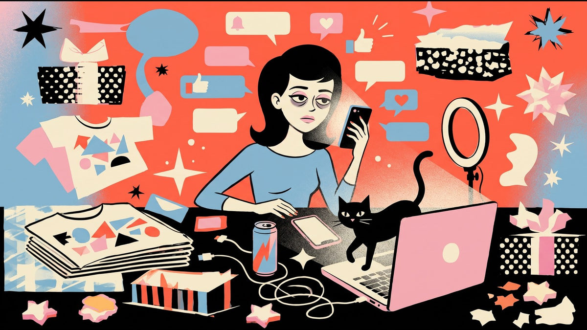 Illustration of a chronically online friend lit by her phone, laptop and ring light nearby, next to a stack of graphic tees