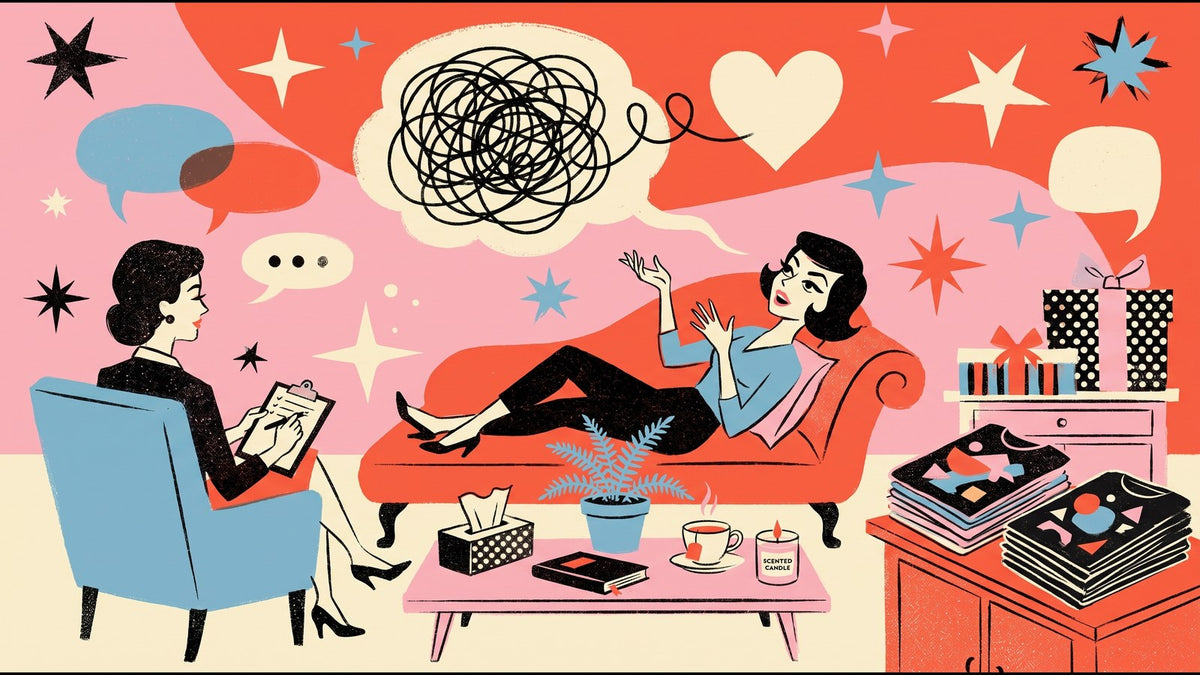 Retro illustration of a woman reclining on a therapist's couch and gesturing mid-story while a therapist takes notes, with a tangled thought bubble unraveling into a heart, tissues, tea, a candle, wrapped gifts, and folded tees.