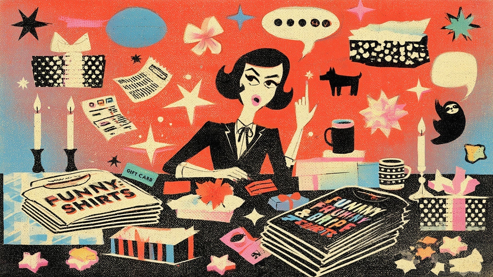 Retro illustration of a woman picking funny shirt gifts at a desk with wrapped presents, gift cards, and stacks of folded tees.