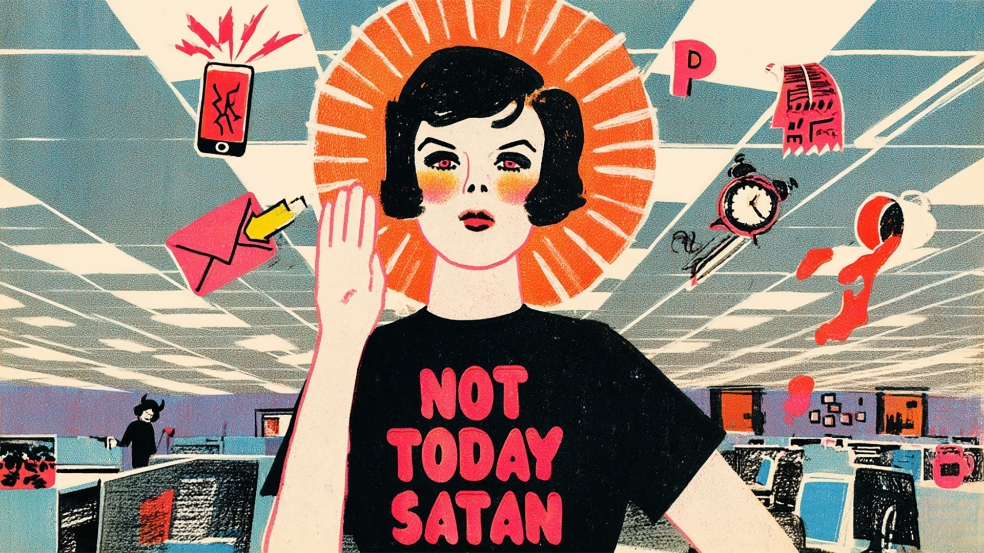 Retro illustration of a woman wearing a Not Today Satan t-shirt and raising a hand to reject chaos in a cluttered office scene.