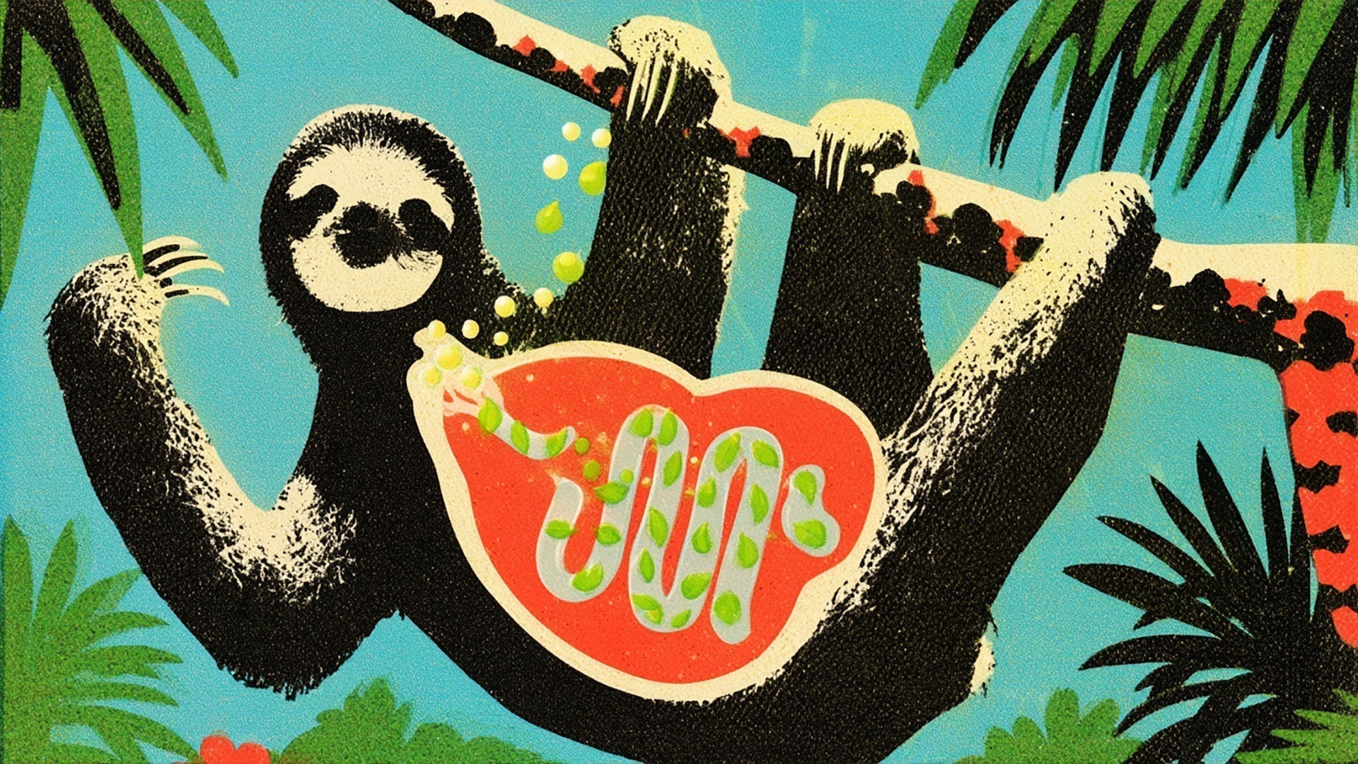 Illustrated sloth hanging from a branch with a cutaway view of its slow digestive system, set against a jungle background.
