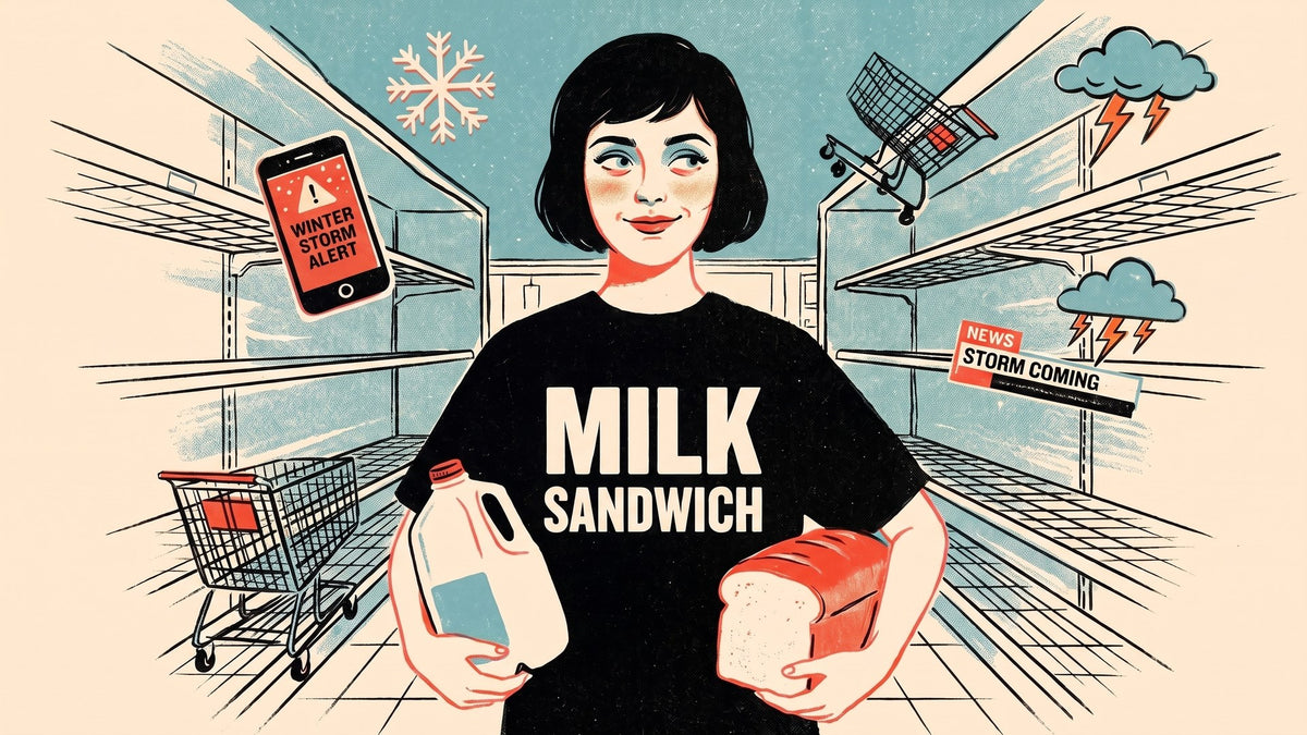 Retro screenprint illustration of a woman in a Milk Sandwich t-shirt holding a gallon of milk and a loaf of white bread in a picked-bare grocery aisle during a winter storm panic.