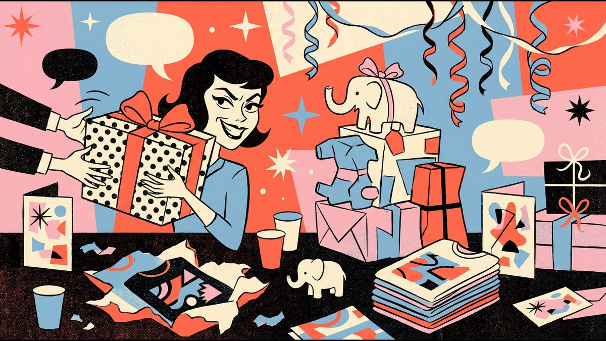 Illustration of a white elephant gift exchange, wrapped boxes and toy elephants next to a stack of graphic tees