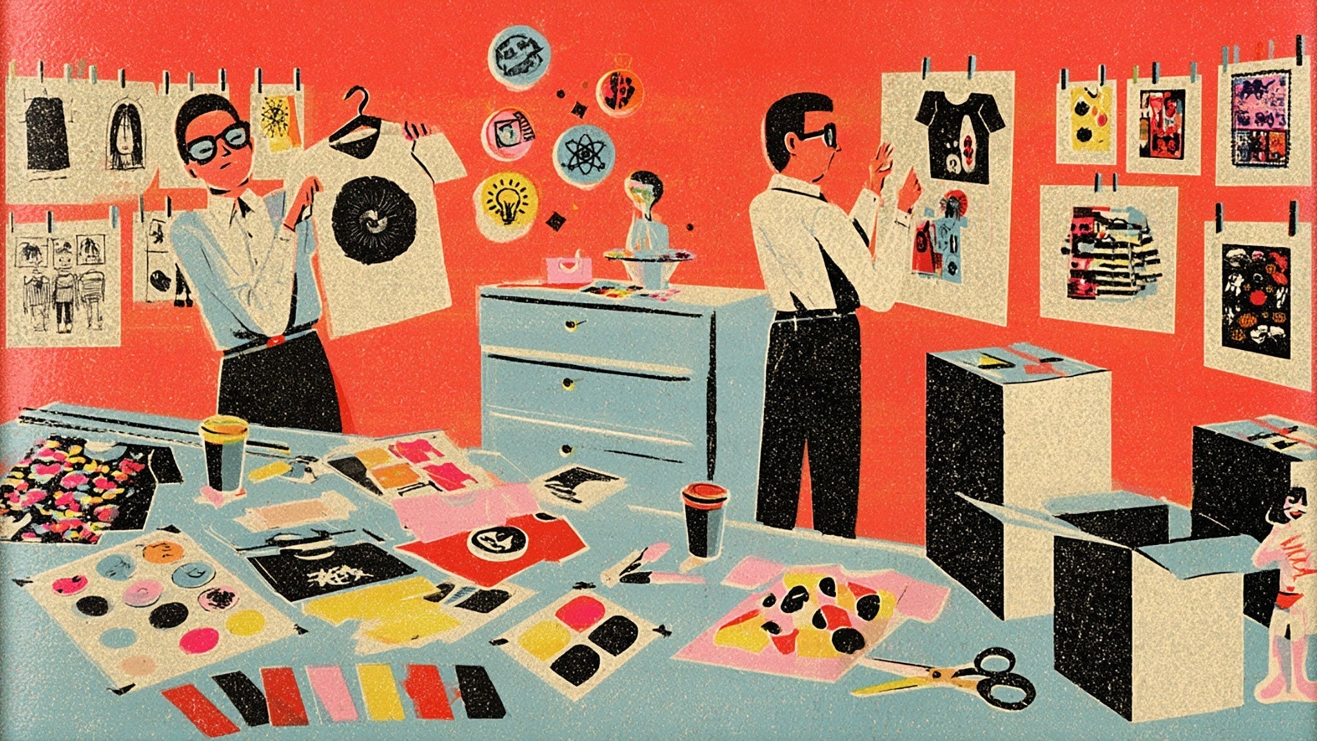 Retro illustration of two founders in a design studio reviewing graphic tee samples surrounded by sketches and color swatches.