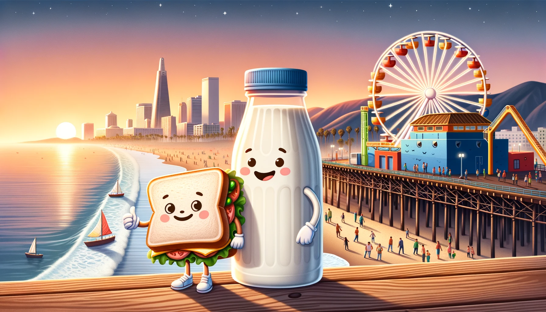 illustrated milk bottle and sandwich near the Santa Monica Pier