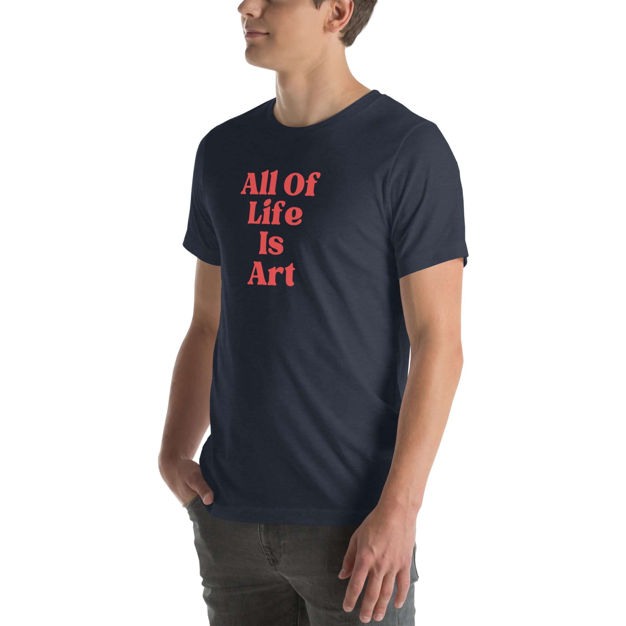 Side view of man wearing heather navy Milk Sandwich T-shirt with red All Of Life Is Art text, casual graphic tee with vintage-style typography.