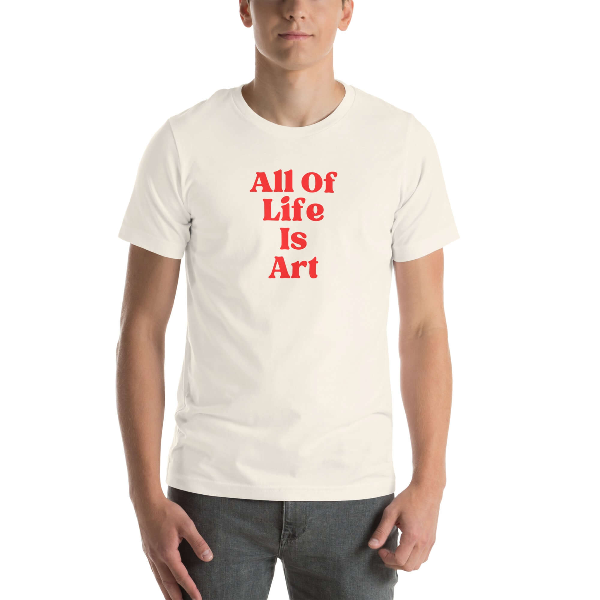 Man wearing vintage white Milk Sandwich T-shirt with bold red All Of Life Is Art slogan, minimalist graphic tee with retro typography on white background.
